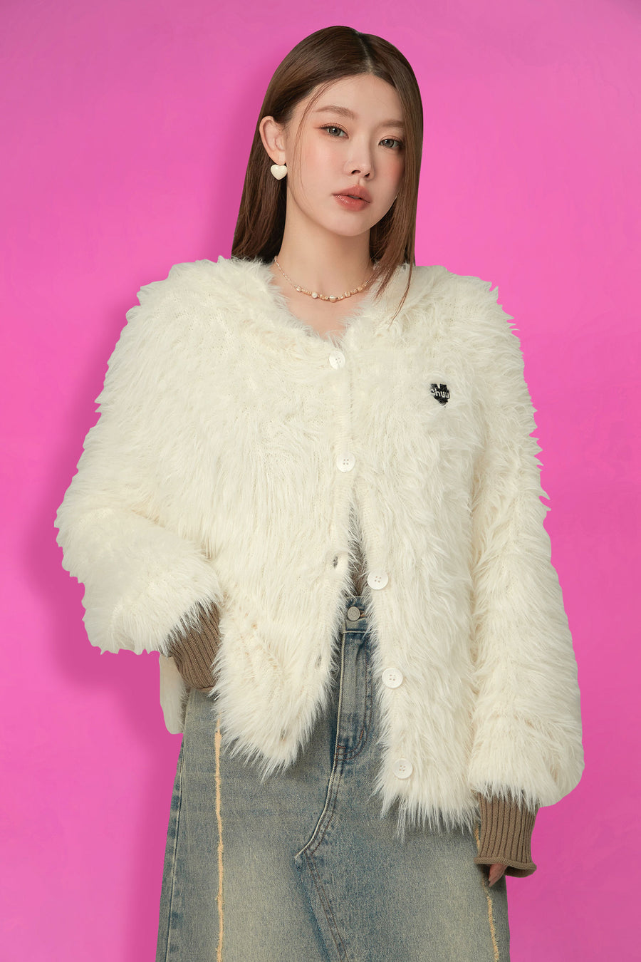 CHUU Embroidered Fuzzy Hooded Cardigan