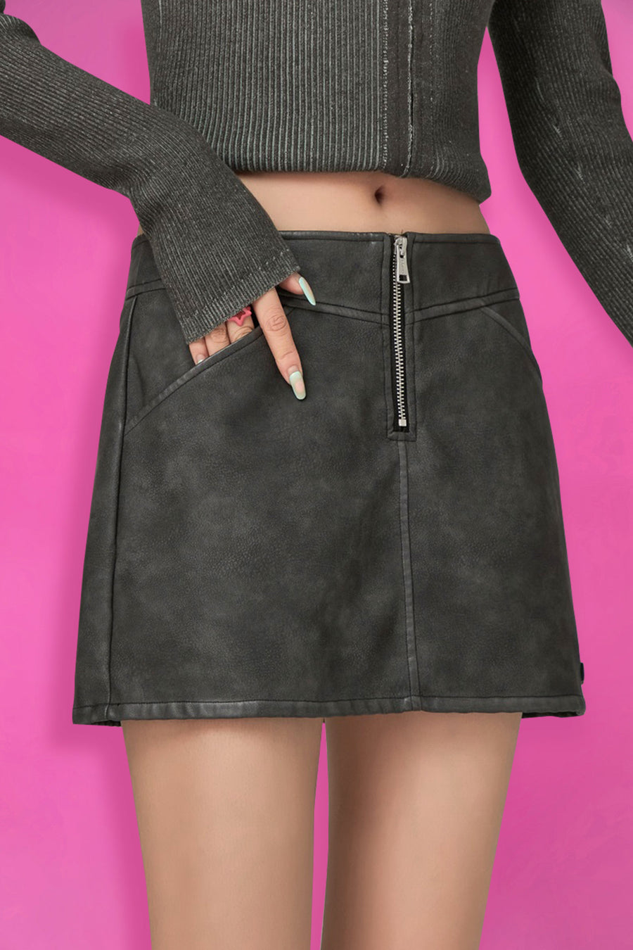 CHUU Zipper Leather Mini Skirt