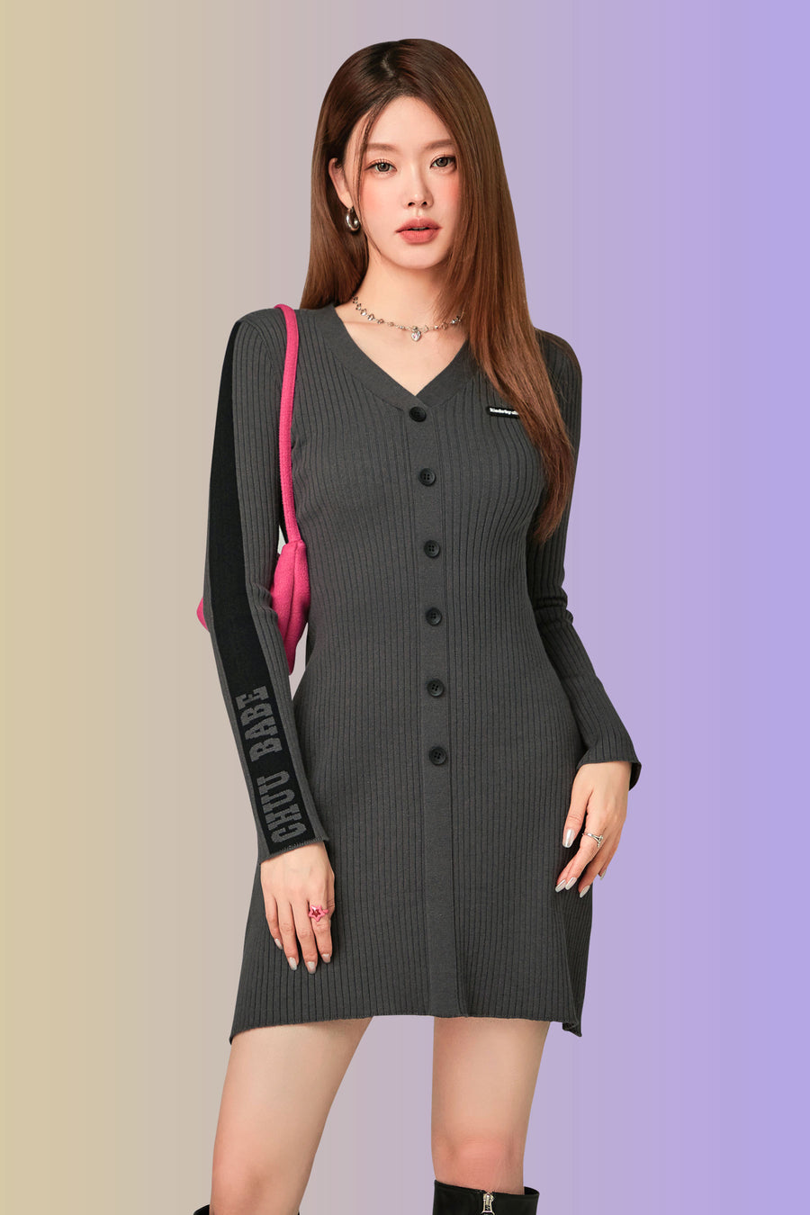 CHUU Ribbed Knit Button Dress