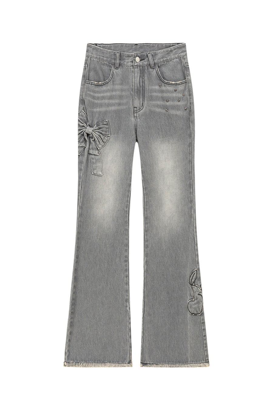 CHUU Bow Design Frayed Hem Bootcut Denim Jeans