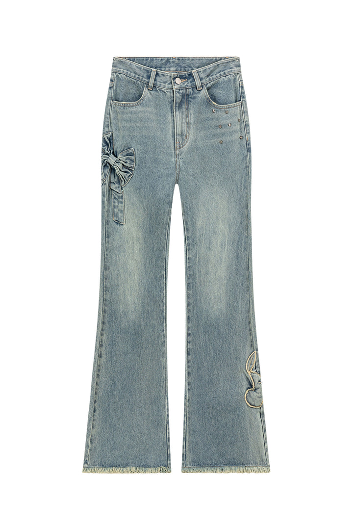 Bow Design Frayed Hem Bootcut Denim Jeans