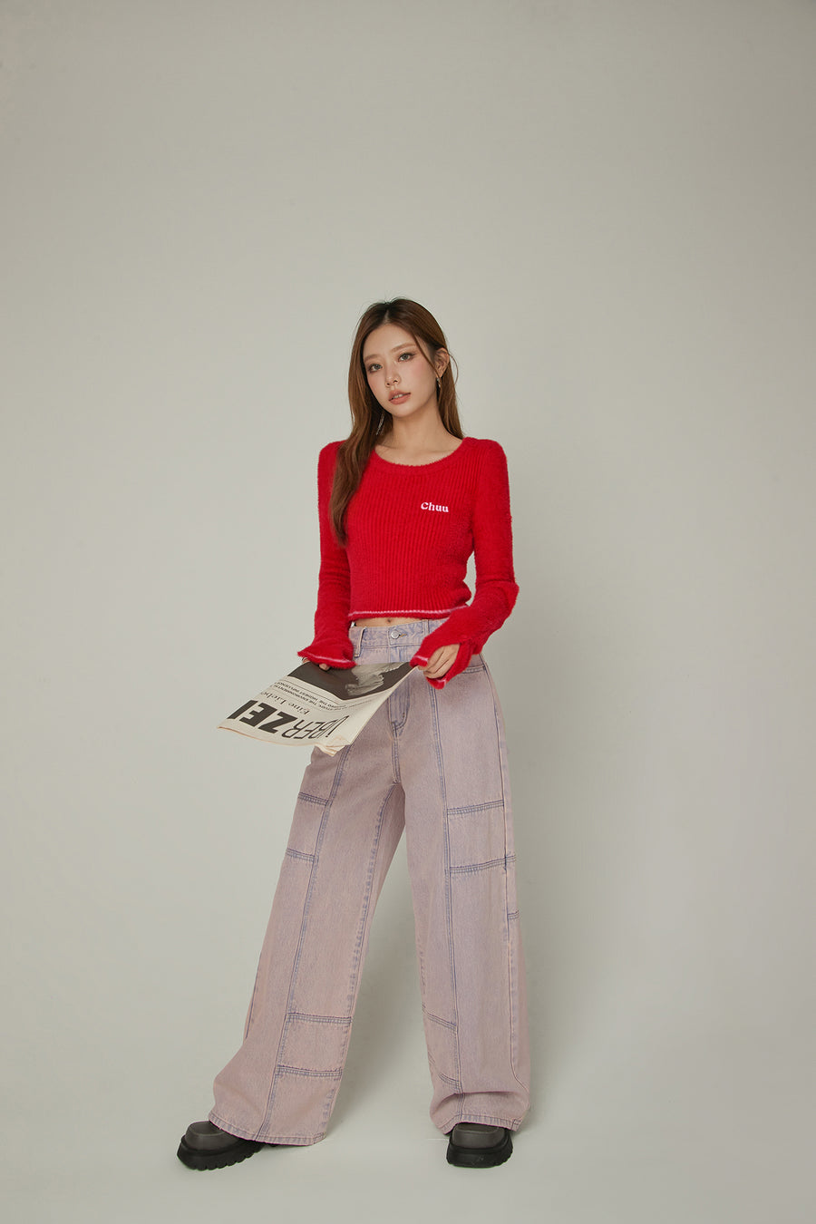 CHUU Slit Sleeves Button Crop Knit Sweater