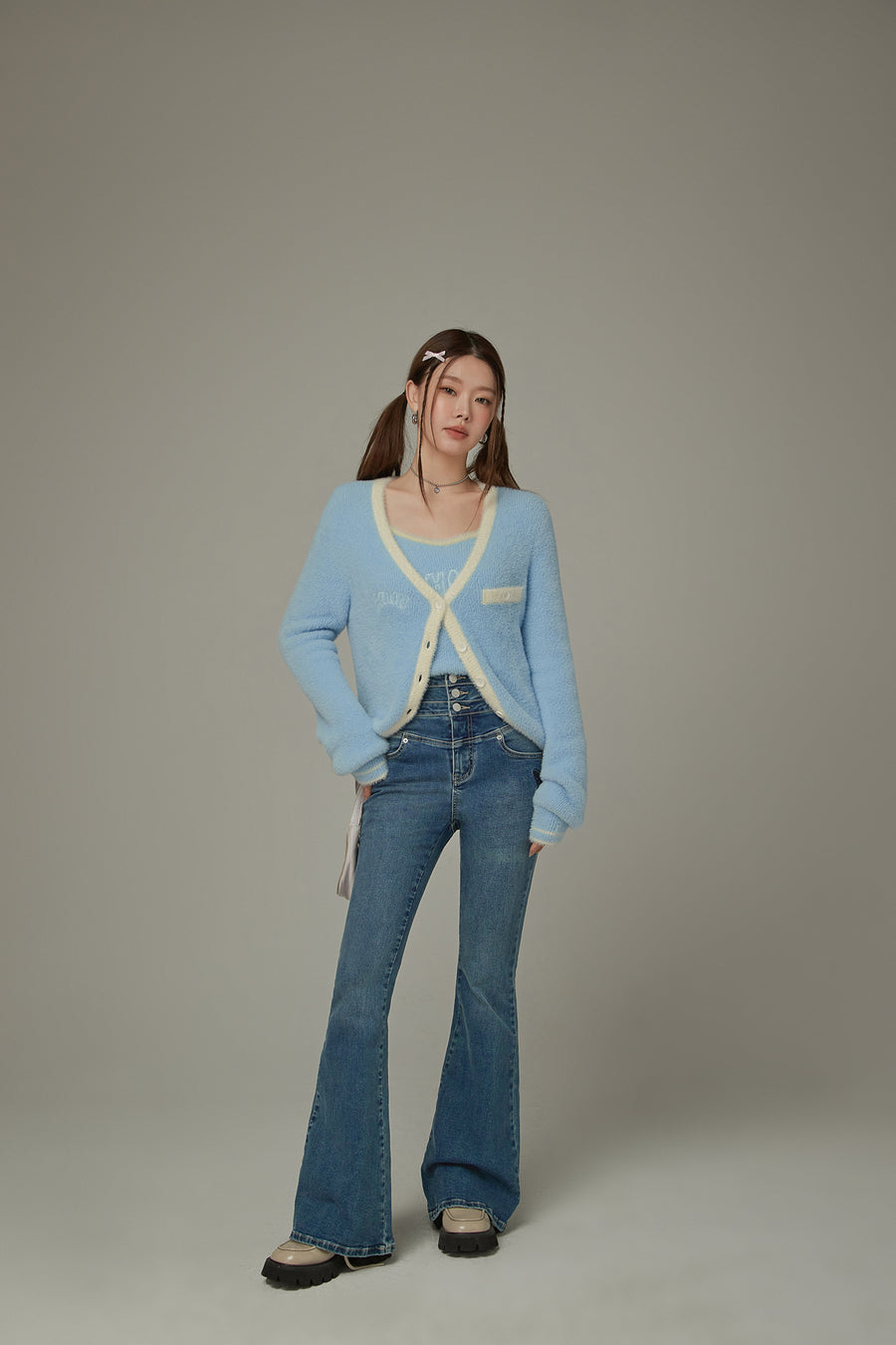 CHUU Heart Embroidered Bootcut Denim Jeans