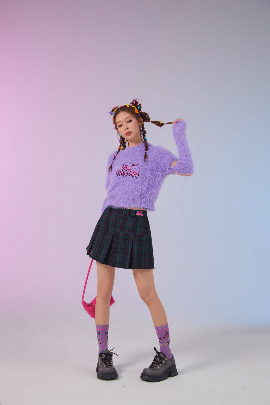 CHUU Dont You Dare Check Pleated Skirt